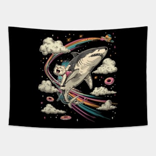 Cat Riding Shark Marine Expedition Tapestry