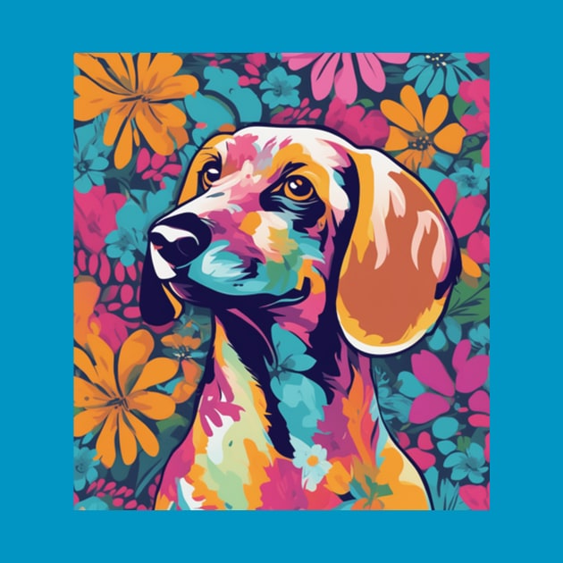 Dashing Dachshund, vibrant dog surrounded by flowers by Sieve's Weave's