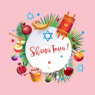 Happy Rosh Hashanah - Shana Tova! Autumn New Year Jewish Holiday Paty. Honey and Apple, Pomegranate, Shofar, Star of David, traditional symbols, torah, shofar, pomegranates, star of David, tropical palm tree leaves decoration, pink color T-Shirt