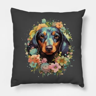 Floral Furry Friend: Vintage Dachshund Delight ' Pillow