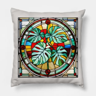 Quad Monstera Leaves Stained Glass Pillow