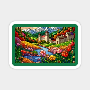 Stained Glass Colorful Mountain Village Magnet