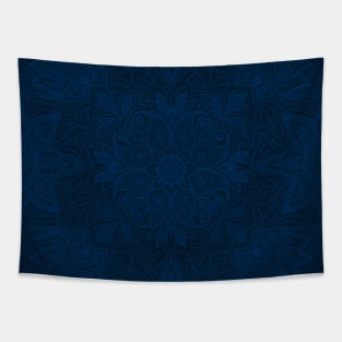 Indigo Floral Symmetrical Repeat Pattern - Dark Background Tapestry