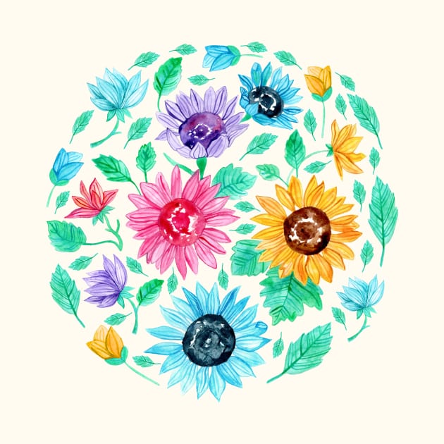 Watercolour Rainbow Sunflowers by tangerinetane