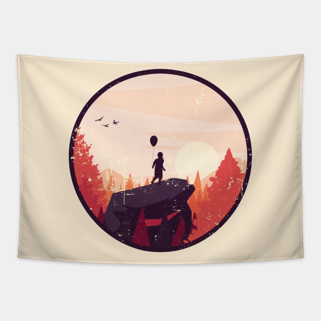 Boy on rock - hiking with balloon Tapestry by LR_Collections