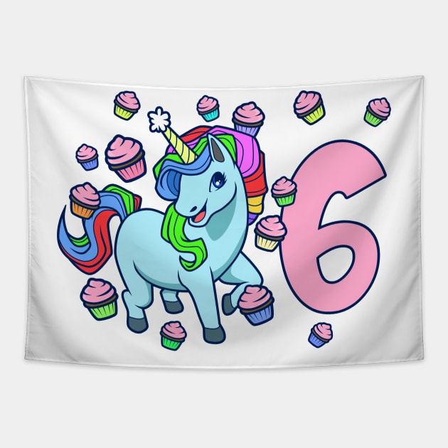 I am 6 with unicorn - girl birthday 6 years old Tapestry by Modern Medieval Design