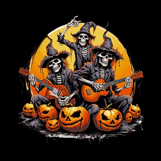 Rockin' Halloween Skeleton Band by Tees 4 Thee