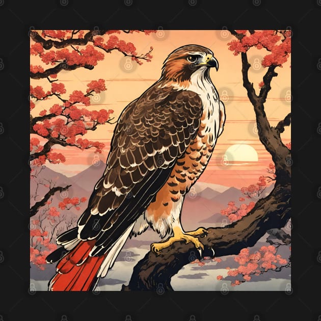 Red Tailed Hawk in Sunset with Flower Blossoms by DaysuCollege