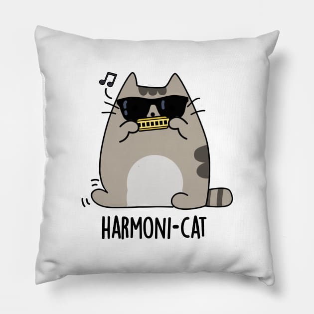 Harmoni-cat Cute Harmonica Cat Pun Pillow by punnybone