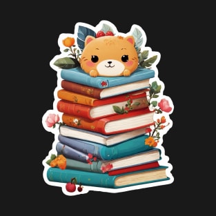 Charming Page Pal: Whimsical Book Stack Buddy T-Shirt