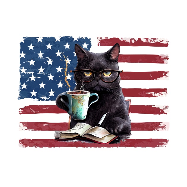 Black cat reading books 4th of july by hnmarart