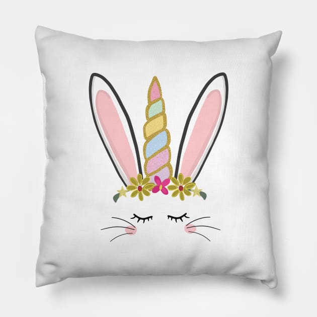 Cute Easter bunny unicorn vector with flowers Pillow by GULSENGUNEL