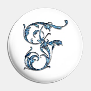 Ornate Blue Silver Letter F Pin