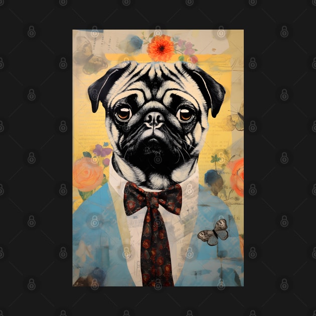 Cute Pug Dog Portrait in Suit Vintage Art by Art-Jiyuu