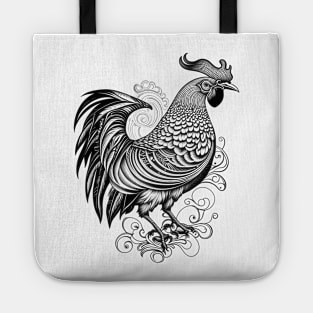 Black and White Rooster Tattoo Style Tote