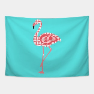 Fashionista Pink and White Argyle Pattern Flamingo on Blue Background Tapestry