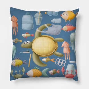 Plastic ocean with turtle and fishes. Pillow