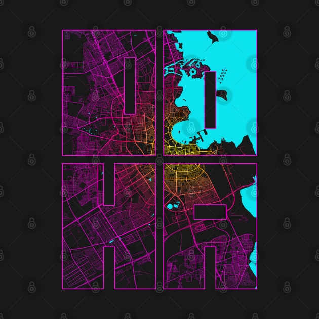 Doha, Qatar City Map Typography - Neon by deMAP Studio