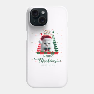 White cat in Santa hat with Christmas tree Merry Christmas and happy New Year,Brafdesign Phone Case