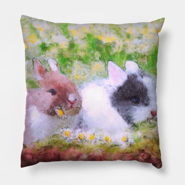 Springtime Bunnies Impressionist Painting Pillow by BonBonBunny