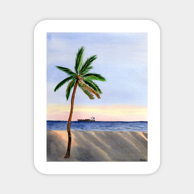 Single Palm Tree at the Beach during sunset Magnet by Sandraartist