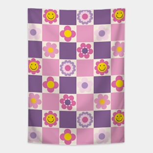 Retro Checkered Floral Pattern Pink and Purple Tapestry