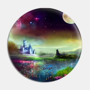 Fantasy castle across a flower filled pond Pin