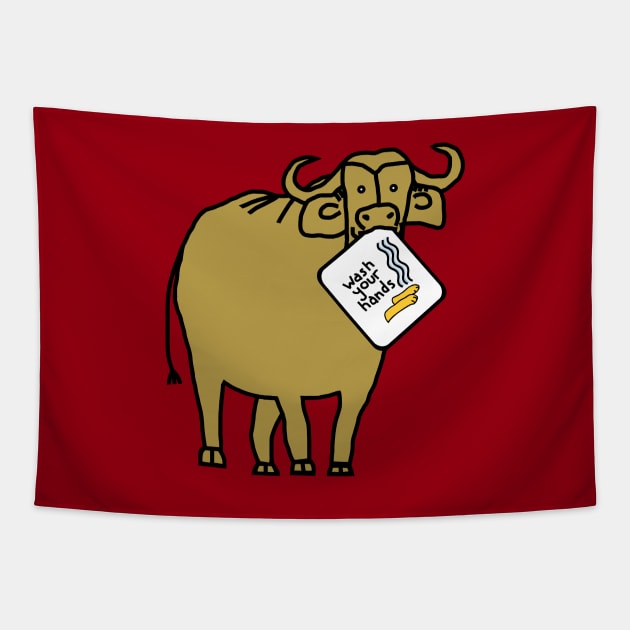 Funny Gold Ox Says Wash Your Hands Tapestry by ellenhenryart