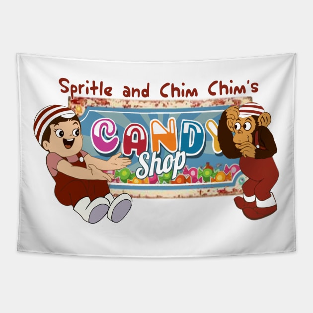 Spritle and Chim Chim's Candy Shop Tapestry by DistractedGeek