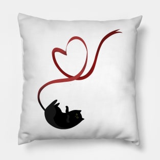 Black cat with heart ribbon Pillow