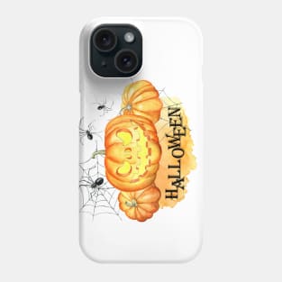 Halloween, watercolor pumpkins, spider web Phone Case