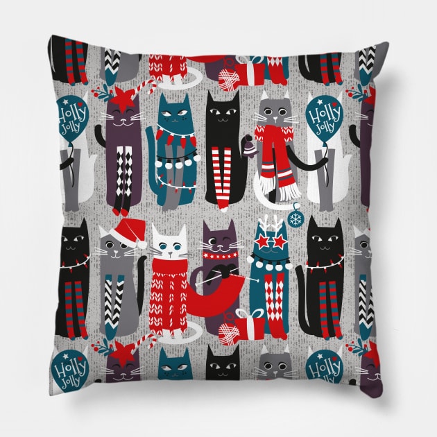 Feline Christmas vibes // pattern // grey background grey green white purple beet and black kittens Pillow by SelmaCardoso