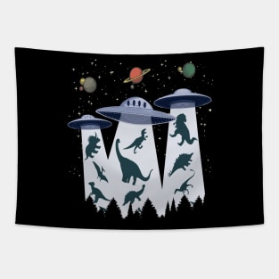 Dinosaur abduction by alien flying saucer funny cute graphic, UFO outer space lover cartoon, Men Women, Tapestry