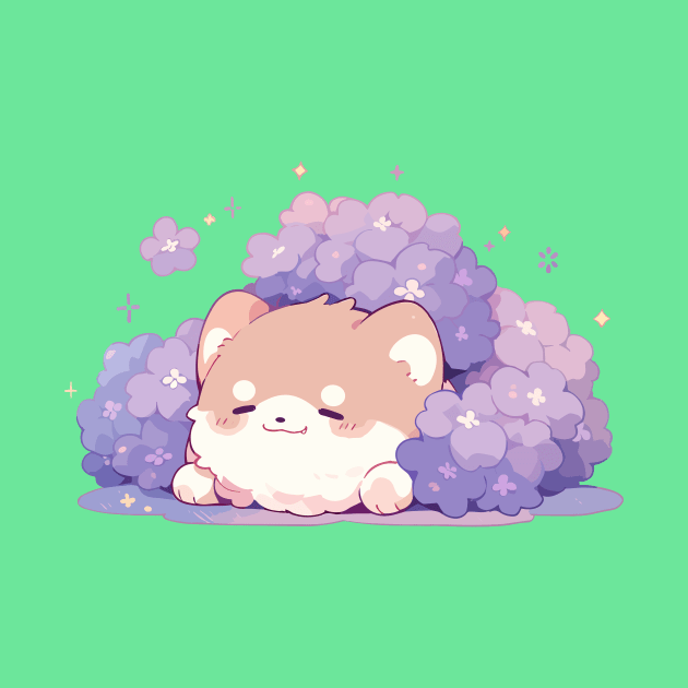 Purple Flowers Kawaii Baby Shiba Inu by Kawaii Kingdom