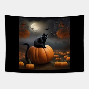 Black cat in pumpkin patch Tapestry