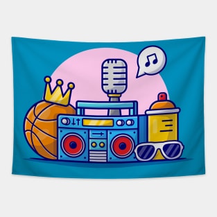 Hip Hop Music with Basketball, Boombox, Glasses, Crown and Microphone Cartoon Vector Icon Illustration Tapestry