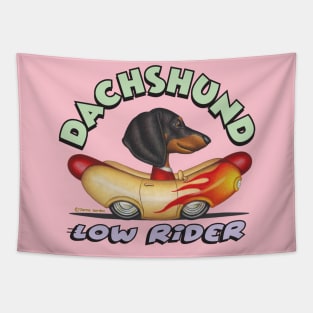 Cute Doxie Dog driving a lowrider Wienermobile with fire flames Tapestry