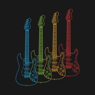 Four S-Style Electric Guitar Outlines Multi Color T-Shirt