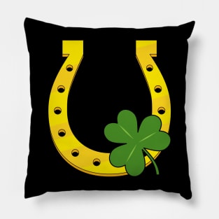 Lucky Golden Horseshoe with Shamrock on Black Pillow