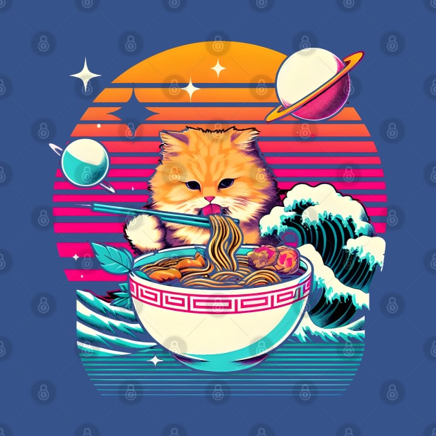 ORANGE CAT EATING SUSHI OUTERSPACE RETRO WAVE JAPANESE by athirdcreatives