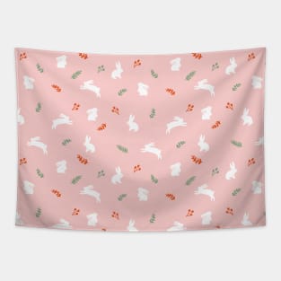 White bunnies in pink background floral pattern Tapestry