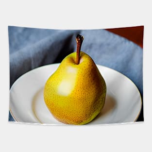 Ripe fruit pear on white dinnerware plate Tapestry