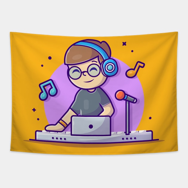 Happy Cute Disk Jockey Performance with Headphone Cartoon Vector Icon Illustration Tapestry by Catalyst Labs