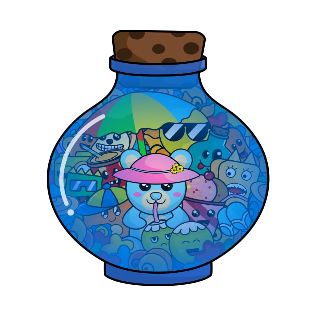 Cute doodle monster beach party in a bottle by Zephin's