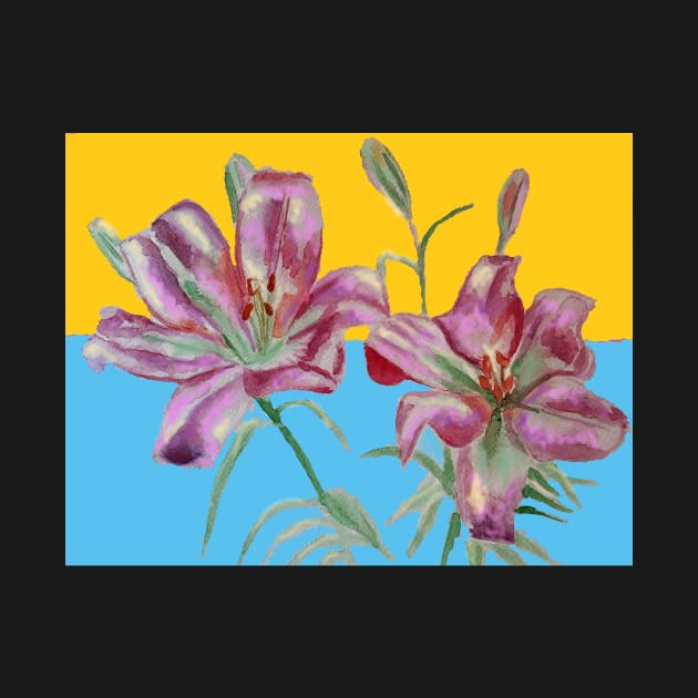 Pink Lily Watercolor Floral Painting on Yellow and Blue by SarahRajkotwala