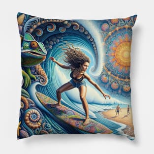 Surfer Girl and Iguana Mandala Sky Pillow