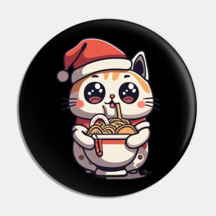 Kawaii cat eating noodles Christmas design Pin