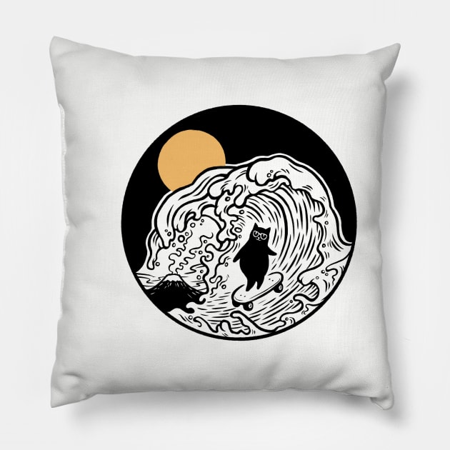 Great wave skate surfer cat daddy Pillow by Chewbarber