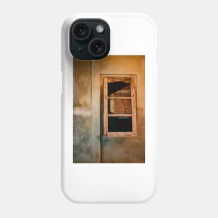 Wooden window on yellow brown grained plastered wall. Phone Case