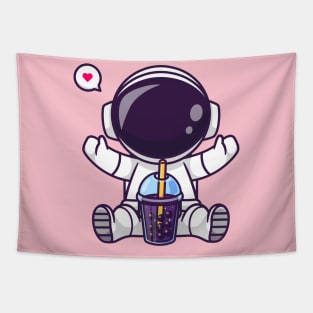 Cute Astronaut Drinking Boba Milk Tea Space Cartoon Tapestry